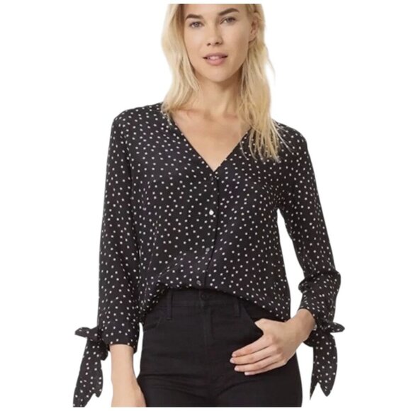 Madewell 100% Silk Star Print Blouse M Black White | Tie Sleeve, Button Front - Picture 2 of 16